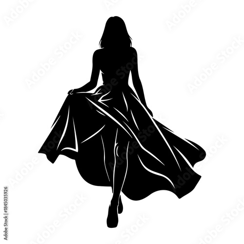 Black silhouette of a woman in a flowing dress isolated on white background