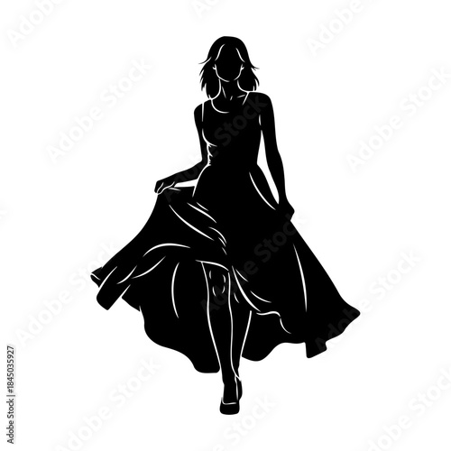 Silhouette of a woman in a flowing dress isolated on white background