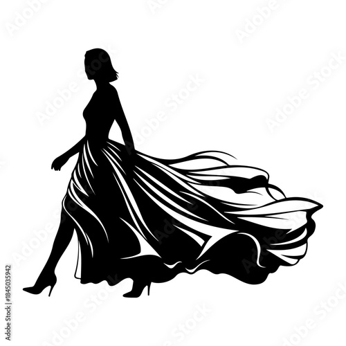Black silhouette of a woman in a flowing dress isolated on white background