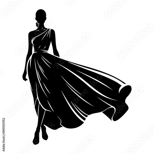 Black silhouette of a woman in a flowing dress isolated on white background