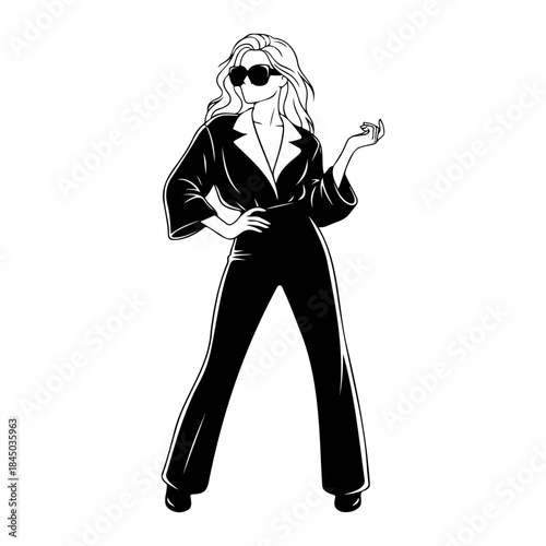 Fashionable woman in black jumpsuit and sunglasses isolated on white background