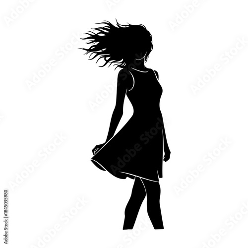 Silhouette of a woman in a dress with flowing hair isolated on white background