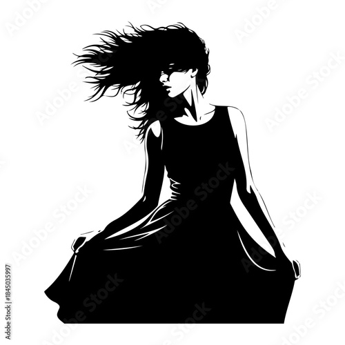 Black silhouette of a woman in a dress isolated on white background