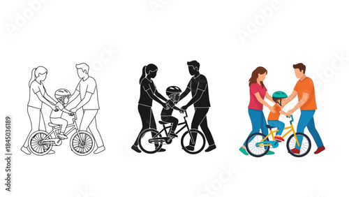 Family teaching child to ride a bicycle, set of three illustrations outline, silhouette and color version