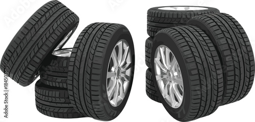 Car tires stack illustration, automotive wheel set with rubber tread isolated on white background studio