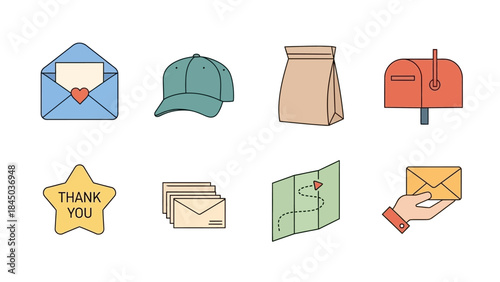 A collection of colorful line art icons depicting various items related to mail, delivery, and gratitude, including envelopes, a mailbox, a map, a cap, and a thank you star.