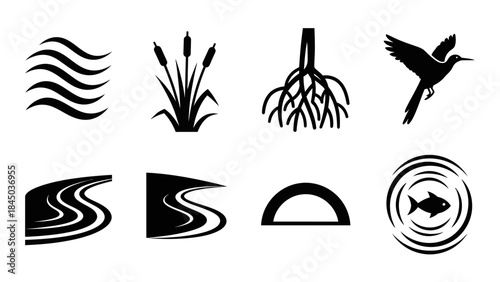 Nature Icons: A collection of simple, black and white illustrations representing the beauty and diversity of the natural world. From flowing water to soaring birds.