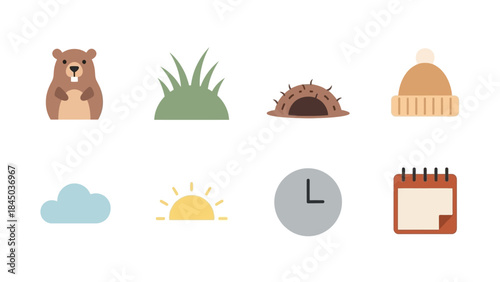 A set of flat design icons representing Groundhog Day elements and weather.
