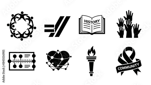Symbolic Icons Collection: A collection of symbolic icons, elegantly presented in a classic black and white style, each designed to visually represent distinct concepts and ideas.