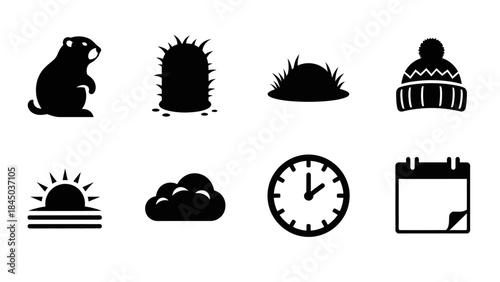 Groundhog Day Icons: A collection of icons includes groundhog, burrow, watch cap, burrow entrance, sunrise, clouds, clock, and a calendar sheet, perfect for representing the essence of Groundhog Day