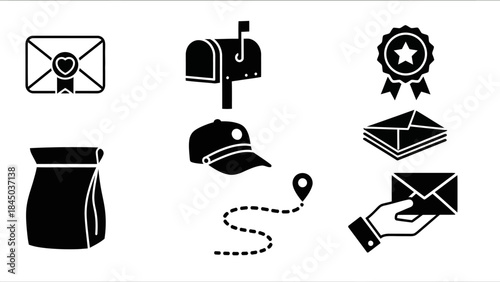 Set of 8 black silhouette vector travel icons and web design business symbols