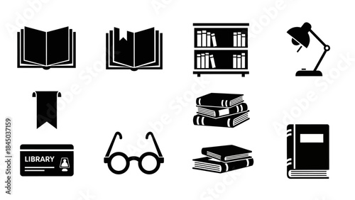 A collection of black and white vector icons representing various library and reading-related objects and tools.