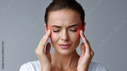 Chroni and Sinusitis concept ,Woman experiencing sinus pain with glowing red areas on face, eyes closed, hands on temples