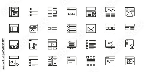 Streamline your workflow with this modern document icons pack perfect for web design and user interface needs. Minimalistic line icons for web and mobile interfaces presented on a white background.