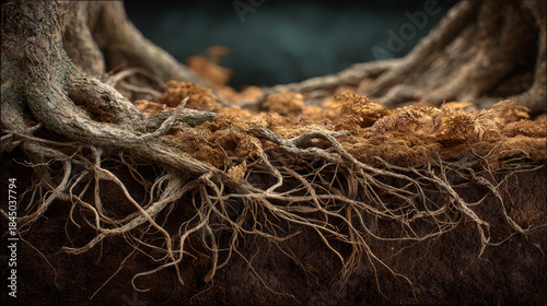 Underground roots concept ,Intertwined tree and mushroom roots create complex, earthy network underground