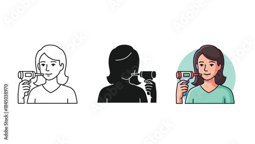 Woman using infrared thermometer to check body temperature, various styles outline, silhouette and color illustration