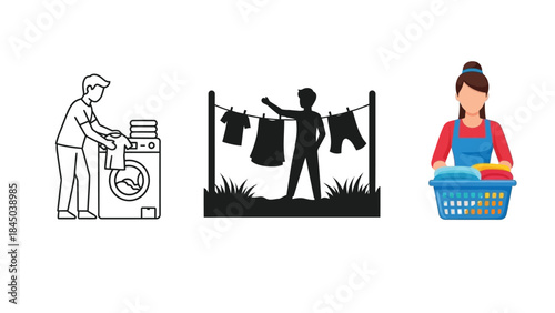 Set of three icons representing laundry and clothes washing activities person loading washing machine, silhouette hanging clothes a line, and woman with a laundry basket