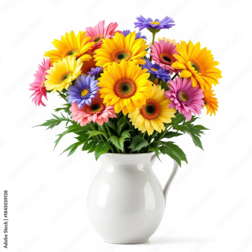 Fototapeta premium Vase filled with a vibrant bouquet of colorful gerbera daisies and lush green leaves isolated on white background.