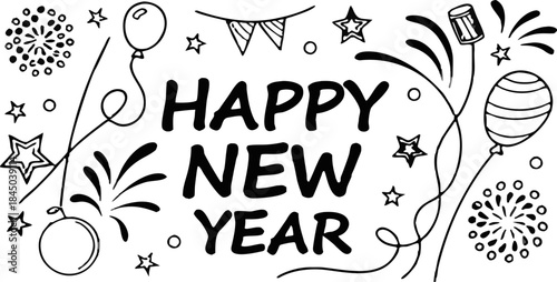A black and white line drawing illustration featuring celebratory elements for New Year's. The phrase HAPPY NEW YEAR is centrally positioned, written in a simple sans-serif font. Surrounding the text 