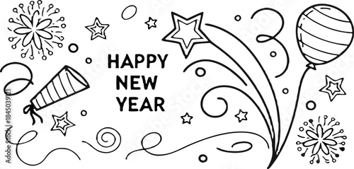 A black and white line drawing illustration featuring celebratory elements for New Year's. The phrase HAPPY NEW YEAR is centrally positioned, written in a simple sans-serif font. Surrounding the text 