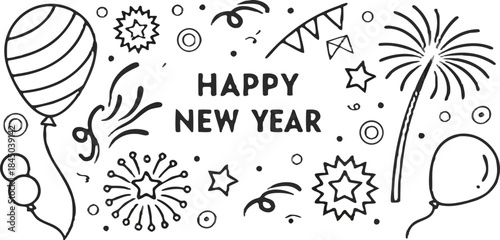 A black and white line drawing illustration featuring celebratory elements for New Year's. The phrase HAPPY NEW YEAR is centrally positioned, written in a simple sans-serif font. Surrounding the text 