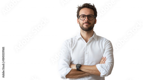 A man with glasses and a white shirt standing with his arms crossed against a black background on transparent background