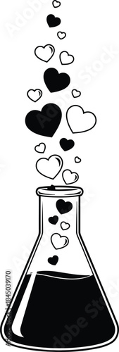 Black and white hearts floating from laboratory flask