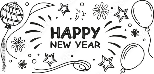 A black and white line drawing illustration featuring celebratory elements for New Year's. The phrase HAPPY NEW YEAR is centrally positioned, written in a simple sans-serif font. Surrounding the text 