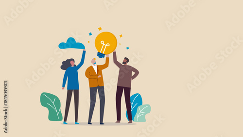 Three people holding a lightbulb and a cloud symbolizing teamwork and creative ideas on a beige background