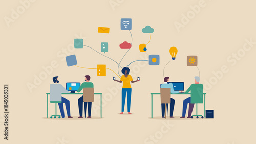 Illustration showing a woman standing between two groups of people working on computers with icons above