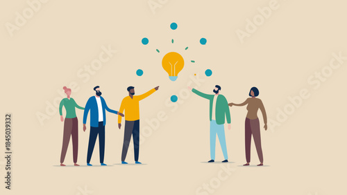 Group of people pointing at a lightbulb surrounded by dots representing a shared idea or innovation concept