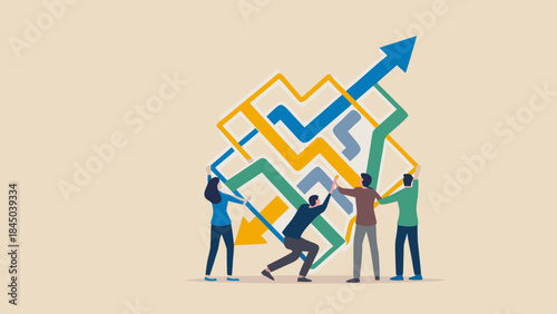 Team supporting upward trend arrows in business success and growth illustration reaching goal point