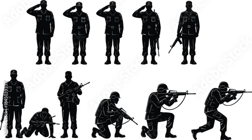 Vector Set of Army Personnel in Salute, Standing, Lying Down, and Action Shooting Poses for Design