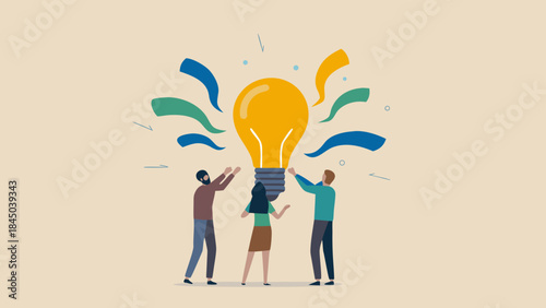 Teamwork illustration showing three people supporting a large lightbulb with colorful accents around it