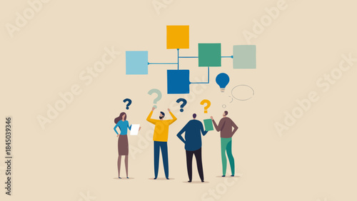 People standing under flowchart with question marks and lightbulb in beige background design