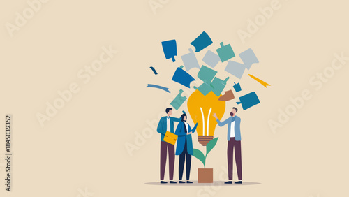 Team collaborating around a lightbulb plant with floating squares and rectangles in a beige setting