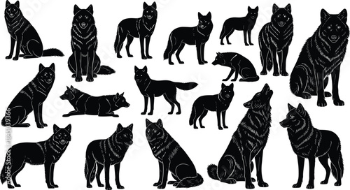 Vector Set of Detailed Canine Figures in Various Poses Including Standing, Sitting, Howling, and Lying Down, Perfect for Wild Animal Design