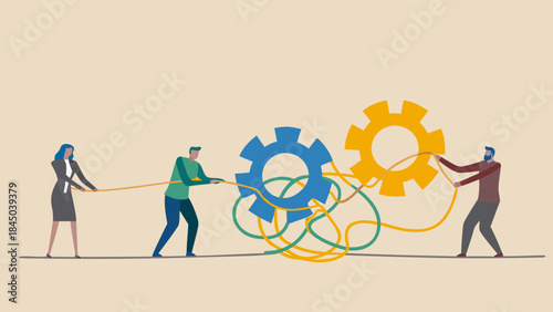 Teamwork illustration depicting three people pulling ropes attached to intertwined gears and wires together