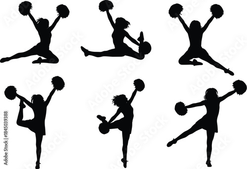 Vector Set of Female Cheerleaders in Various Action Poses Including Jumping, Kicking, and Posing with Pom-Poms for Sport Design