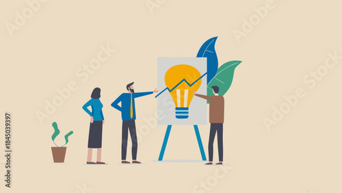Team discussing growth chart with lightbulb on easel, potted plant and leaves in the background scene