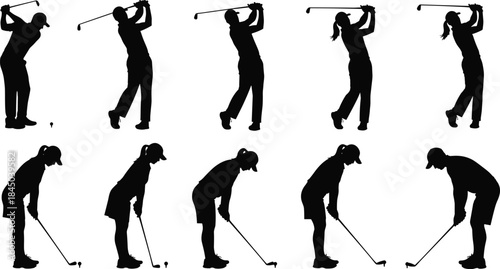 Vector Set of Male and Female Golfers in Various Action Poses Including Tee-off, Follow-Through, and Putting for Sports Design