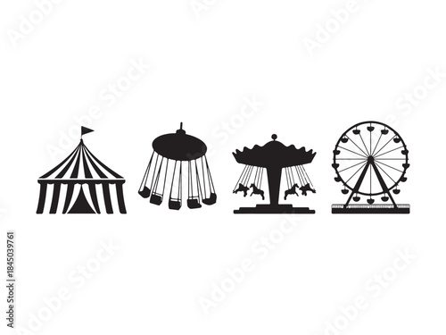 Carnival silhouette illustration set, amusement park elements, Vector art of a vibrant collection of carnival and amusement park icons vector illustration