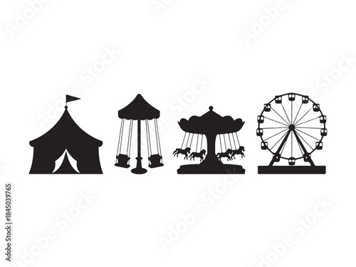 Carnival silhouette illustration set, amusement park elements, Vector art of a vibrant collection of carnival and amusement park icons vector illustration