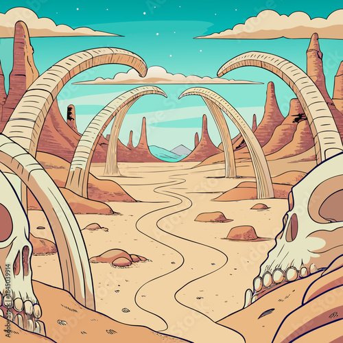 Alien desert landscape featuring giant bone arches and skulls under a starry sky