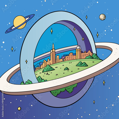 Whimsical ringed planet with cityscape and celestial neighbors in deep space
