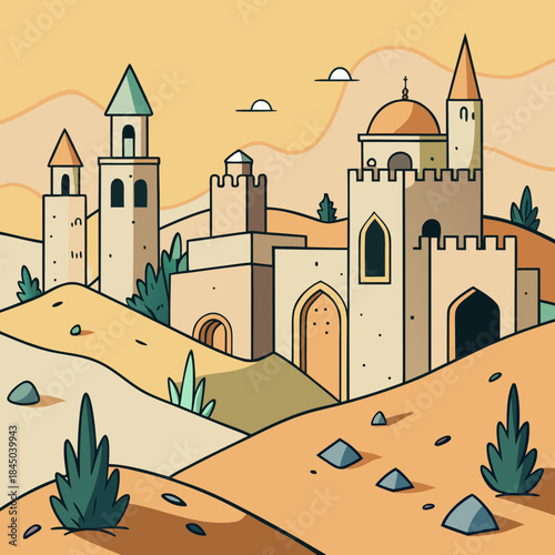 Stylized desert city with towers domes and arid landscape illustration