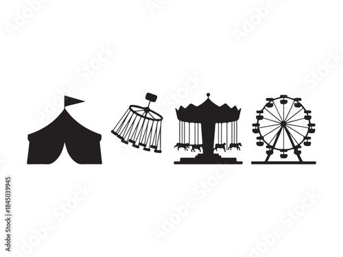 Carnival silhouette illustration set, amusement park elements, Vector art of a vibrant collection of carnival and amusement park icons vector illustration