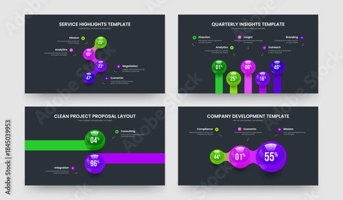 Product Briefing 4 5 2 3 Step Chart Slide Template Set. Enterprise Planning Four Five Two Three Element Diagram Slideshow Design Vector Illustration Collection.