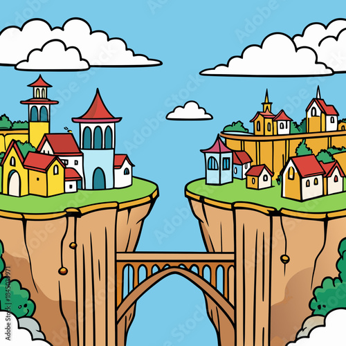 Whimsical floating islands connected by a stone arch bridge under a cloudy sky