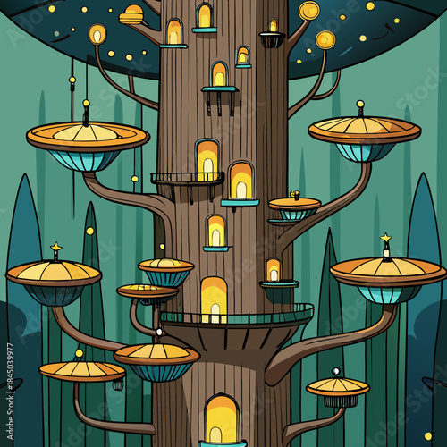 Whimsical alien treehouse village with glowing windows and futuristic platforms